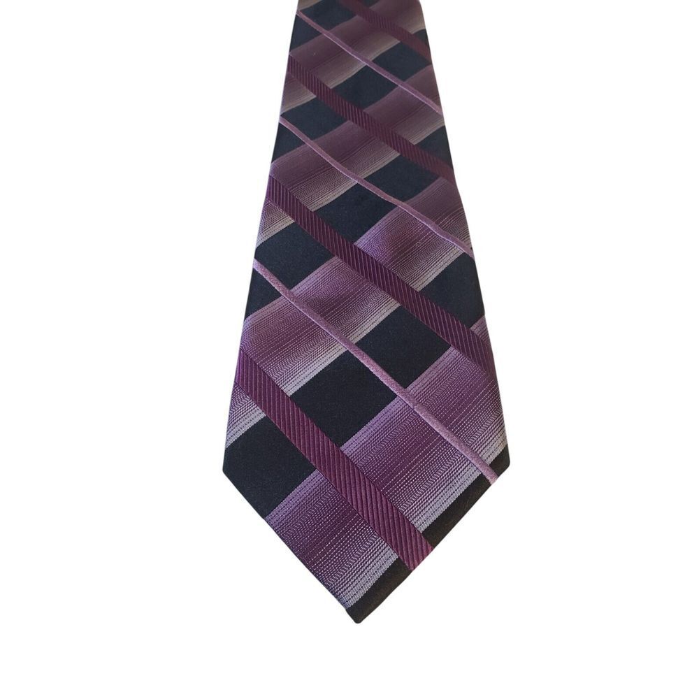 Kenneth Cole Reaction Neck Tie Mens Luxury Purple Black Plaid Business‎ Church